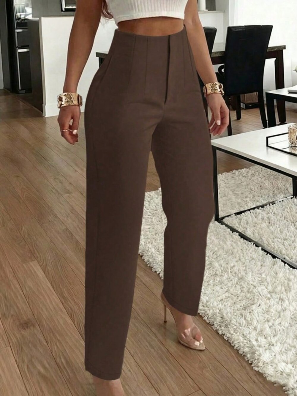 Coffee Brown Women's Elegant Pleated Side Pocket Slim Fit Pants